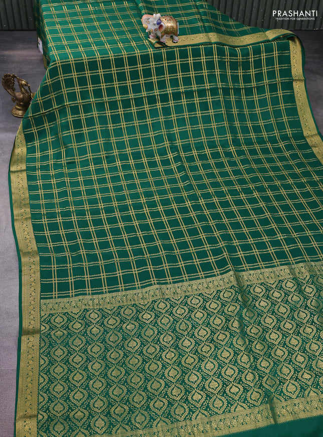 Pure mysore silk saree green with allover zari checked pattern and zari woven border