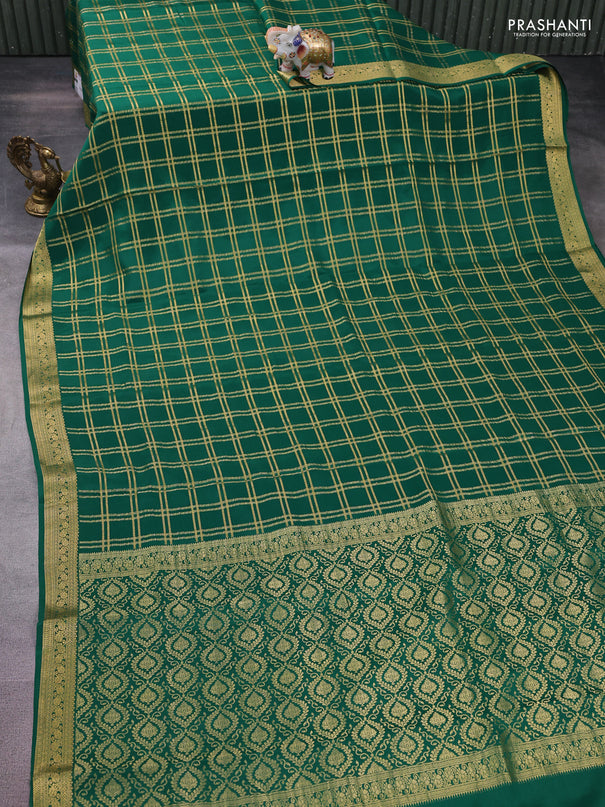 Pure mysore silk saree green with allover zari checked pattern and zari woven border