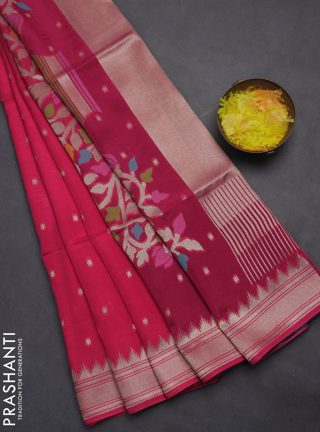 Munga crepe silk saree pink and peacock blue with zari woven buttas and rich thread & zari woven pallu