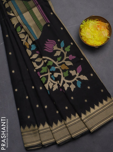 Munga crepe silk saree black and pink with zari woven buttas and rich thread & zari woven pallu