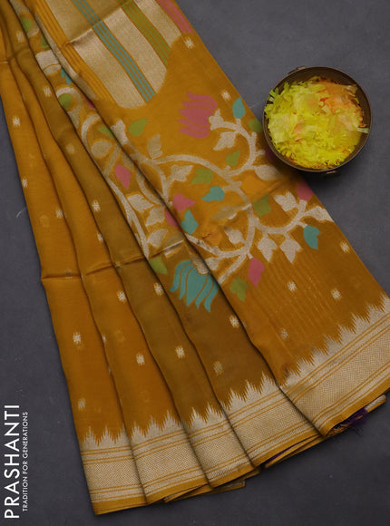 Munga crepe silk saree mustard yellow and violet with zari woven buttas and rich thread & zari woven pallu
