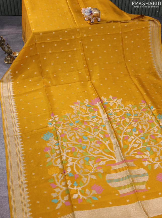 Munga crepe silk saree mustard yellow and violet with zari woven buttas and rich thread & zari woven pallu