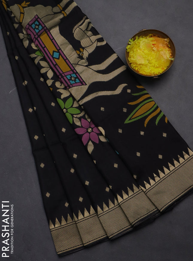 Munga crepe silk saree black and pink with zari woven buttas and rich thread & zari woven pallu