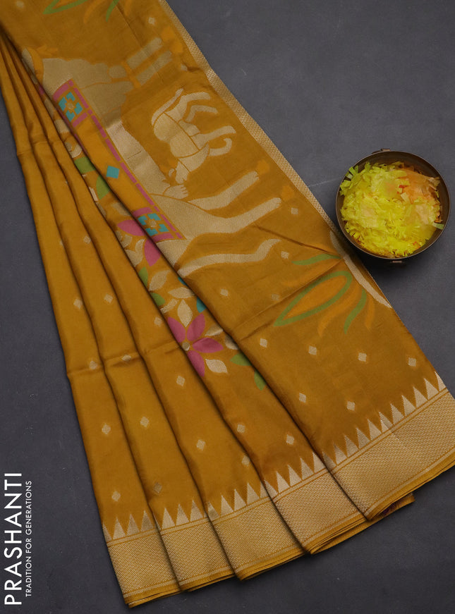 Munga crepe silk saree dark mustard and violet with zari woven buttas and rich thread & zari woven pallu