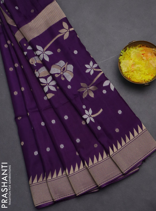 Munga crepe silk saree violet and mustard yellow with silver & gold zari woven buttas and rich zari woven pallu