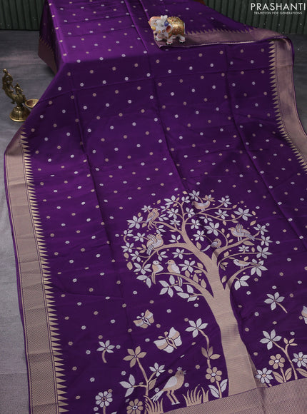 Munga crepe silk saree violet and mustard yellow with silver & gold zari woven buttas and rich zari woven pallu
