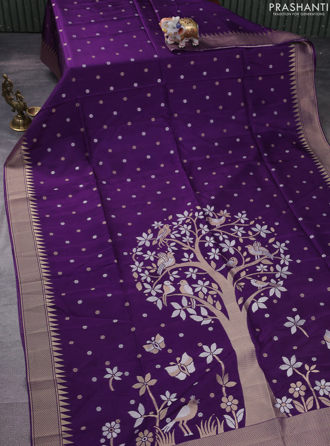 Munga crepe silk saree violet and mustard yellow with silver & gold zari woven buttas and rich zari woven pallu