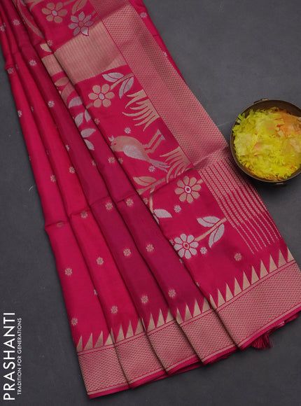Munga crepe silk saree pink and peacock blue with silver & gold zari woven buttas and rich zari woven pallu