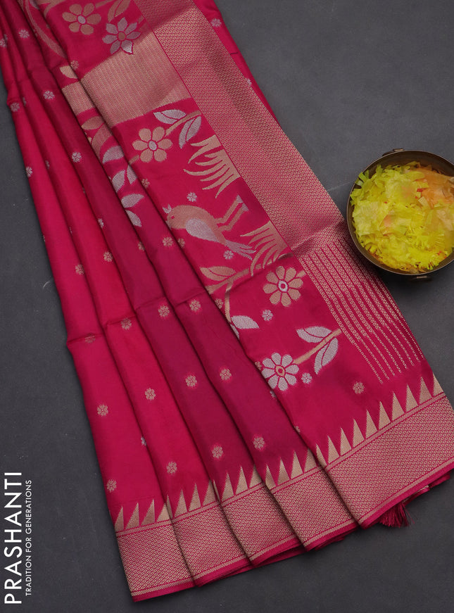 Munga crepe silk saree pink and peacock blue with silver & gold zari woven buttas and rich zari woven pallu