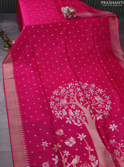 Munga crepe silk saree pink and peacock blue with silver & gold zari woven buttas and rich zari woven pallu