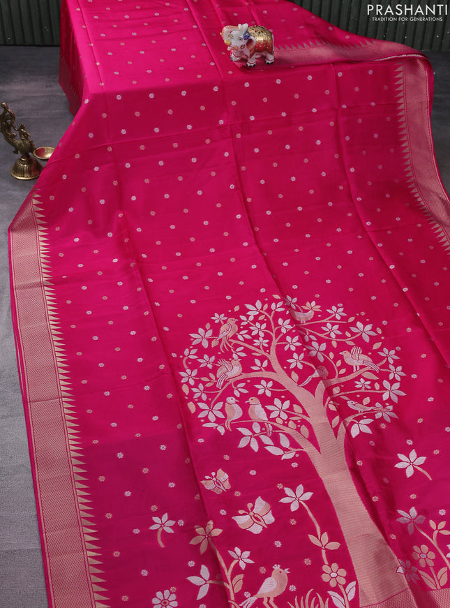 Munga crepe silk saree pink and peacock blue with silver & gold zari woven buttas and rich zari woven pallu