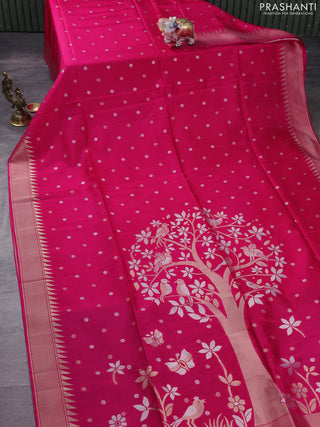 Munga crepe silk saree pink and peacock blue with silver & gold zari woven buttas and rich zari woven pallu