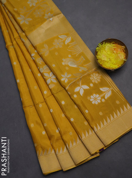 Munga crepe silk saree mustard yellow and violet with silver & gold zari woven buttas and rich zari woven pallu