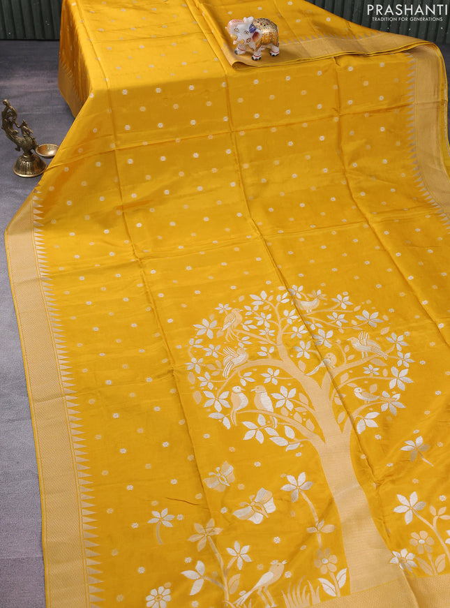 Munga crepe silk saree mustard yellow and violet with silver & gold zari woven buttas and rich zari woven pallu