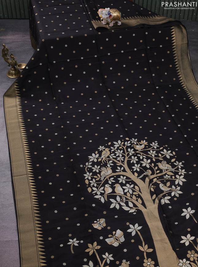 Munga crepe silk saree black and pink with silver & gold zari woven buttas and rich zari woven pallu