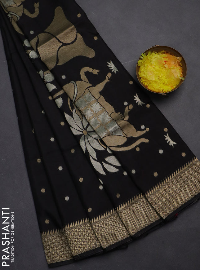 Munga crepe silk saree black and pink with zari woven buttas and rich zari woven pallu