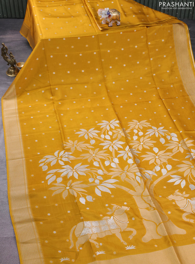 Munga crepe silk saree mustard yellow and violet with zari woven buttas and rich zari woven pallu