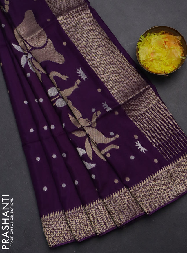 Munga crepe silk saree violet and mustard yellow with zari woven buttas and rich zari woven pallu
