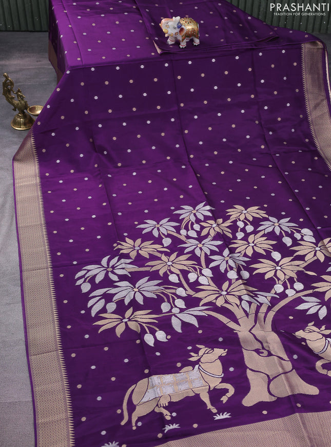 Munga crepe silk saree violet and mustard yellow with zari woven buttas and rich zari woven pallu
