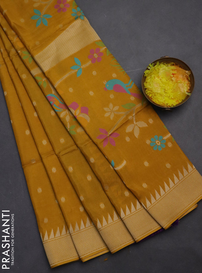 Munga crepe silk saree dark mustard and violet with zari woven buttas and rich thread & zari woven pallu