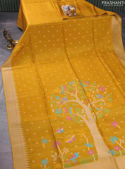 Munga crepe silk saree dark mustard and violet with zari woven buttas and rich thread & zari woven pallu