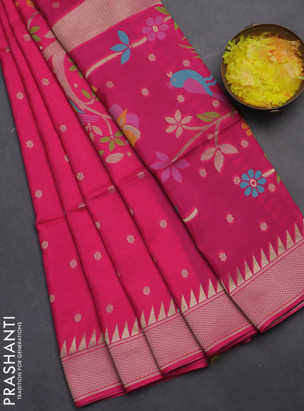 Munga crepe silk saree pink and peacock blue with zari woven buttas and rich thread & zari woven pallu
