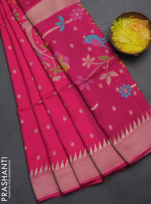 Munga crepe silk saree pink and peacock blue with zari woven buttas and rich thread & zari woven pallu
