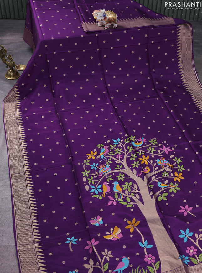 Munga crepe silk saree violet and mustard yellow with zari woven buttas and rich thread & zari woven pallu