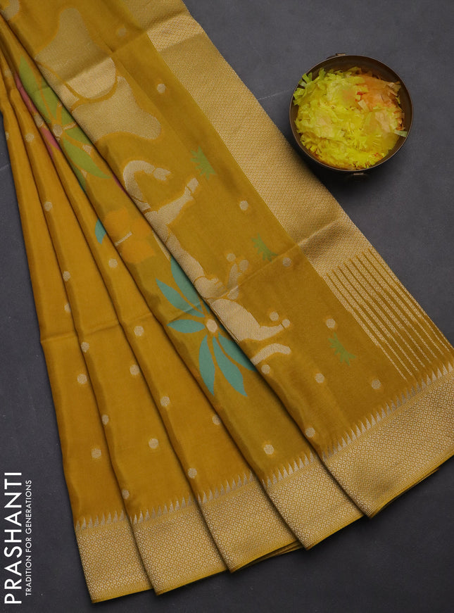 Munga crepe silk saree mustard yellow and violet with zari woven buttas and rich thread & zari woven pallu