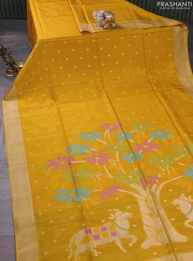 Munga crepe silk saree mustard yellow and violet with zari woven buttas and rich thread & zari woven pallu
