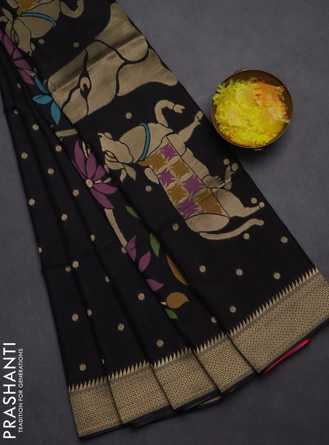 Munga crepe silk saree black and pink with zari woven buttas and rich thread & zari woven pallu