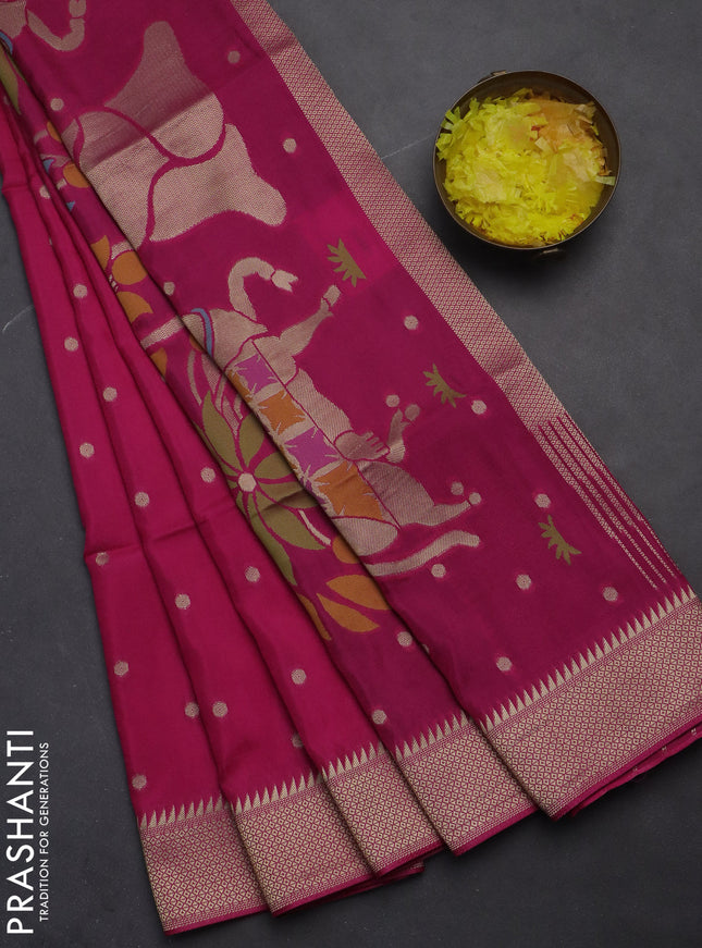 Munga crepe silk saree pink and peacock blue with zari woven buttas and rich thread & zari woven pallu