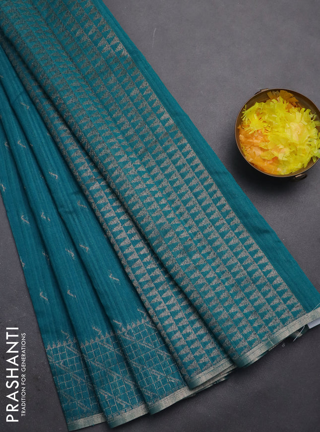 Banarasi semi matka saree teal green with thread & silver zari woven buttas and woven border