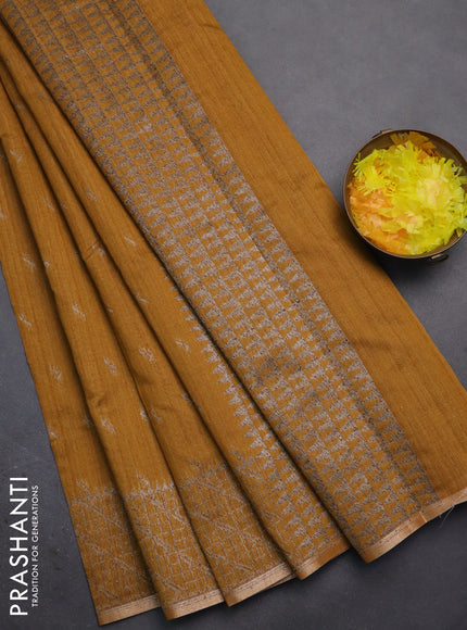 Banarasi semi matka saree dark mustard with thread & silver zari woven buttas and woven border