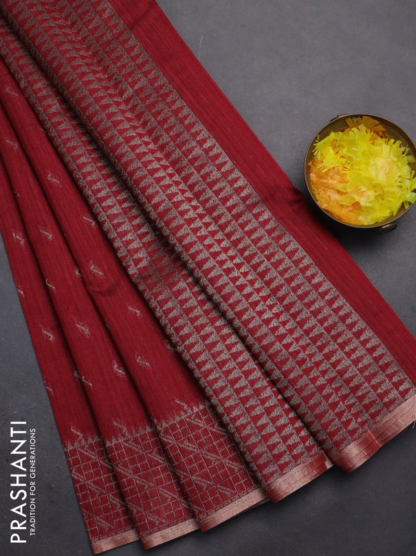 Banarasi semi matka saree maroon with thread & silver zari woven buttas and woven border