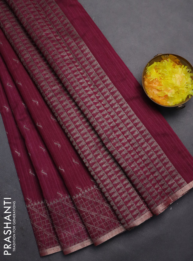 Banarasi semi matka saree wine shade with thread & silver zari woven buttas and woven border