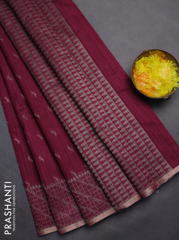 Banarasi semi matka saree wine shade with thread & silver zari woven buttas and woven border