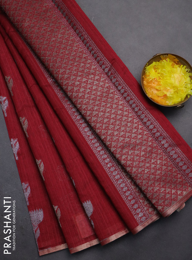 Banarasi semi matka saree maroon with thread & silver zari woven buttas and zari woven piping border
