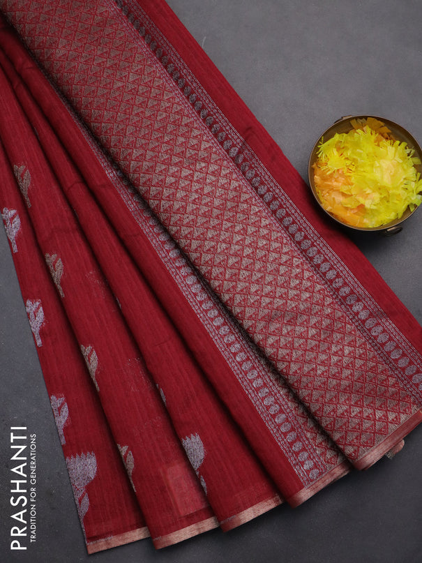 Banarasi semi matka saree maroon with thread & silver zari woven buttas and zari woven piping border