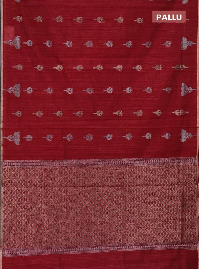 Banarasi semi matka saree maroon with thread & silver zari woven buttas and zari woven piping border