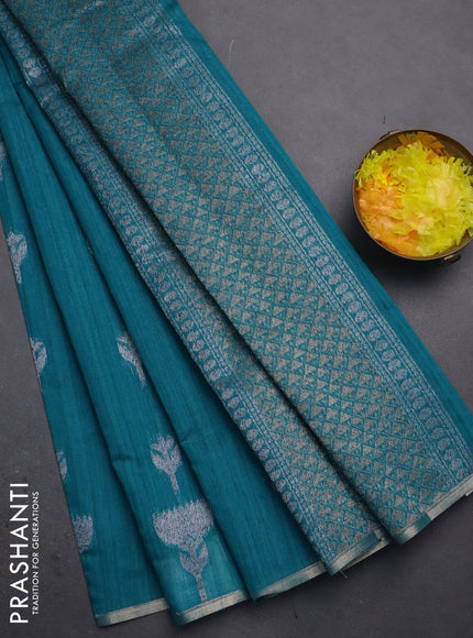 Banarasi semi matka saree teal green shade with thread & silver zari woven buttas and zari woven piping border