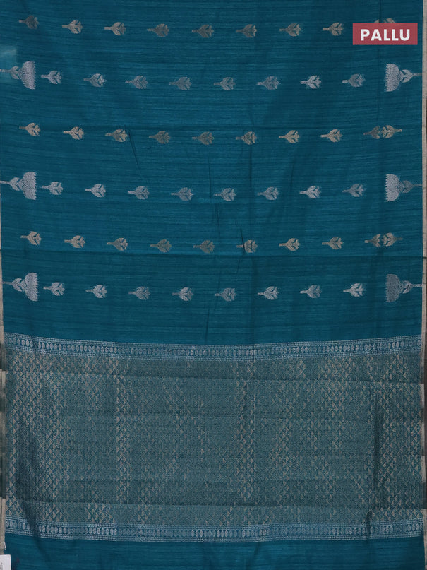 Banarasi semi matka saree teal green shade with thread & silver zari woven buttas and zari woven piping border
