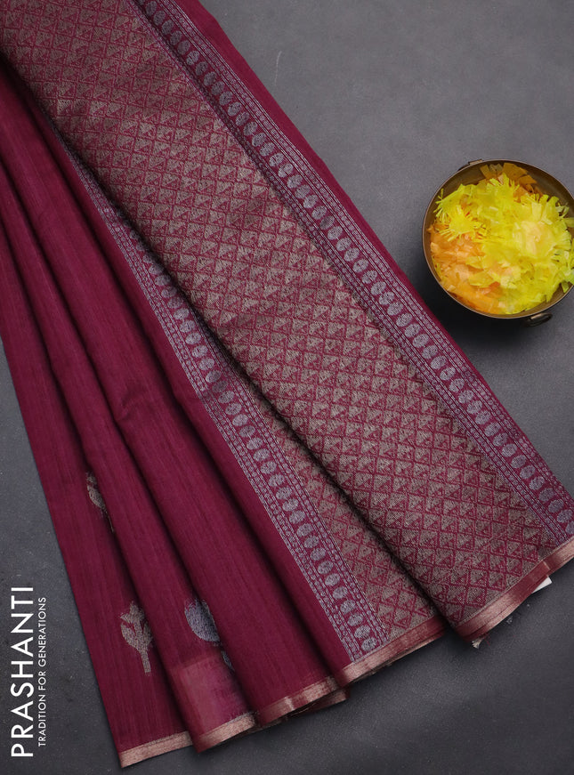 Banarasi semi matka saree wine shade with thread & silver zari woven buttas and zari woven piping border