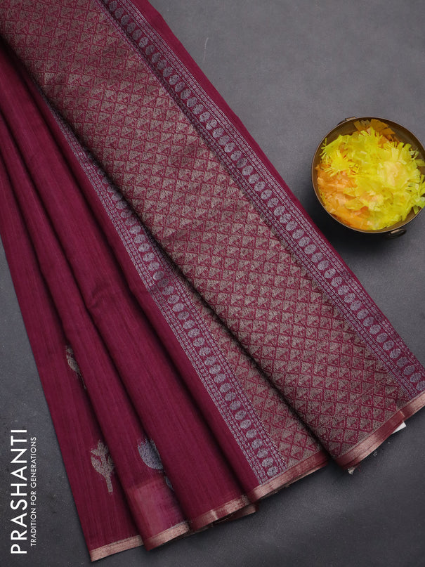 Banarasi semi matka saree wine shade with thread & silver zari woven buttas and zari woven piping border