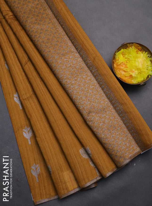 Banarasi semi matka saree dark mustard with thread & silver zari woven buttas and zari woven piping border