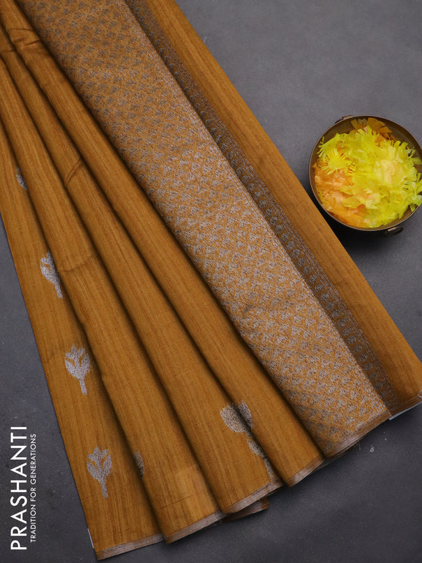 Banarasi semi matka saree dark mustard with thread & silver zari woven buttas and zari woven piping border