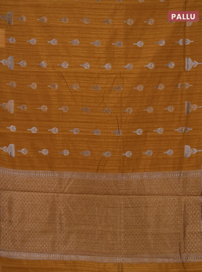 Banarasi semi matka saree dark mustard with thread & silver zari woven buttas and zari woven piping border