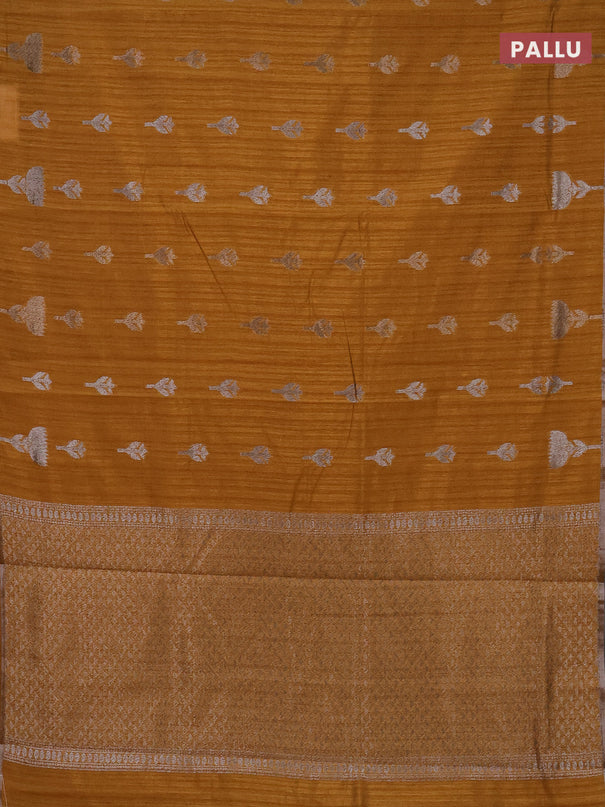 Banarasi semi matka saree dark mustard with thread & silver zari woven buttas and zari woven piping border