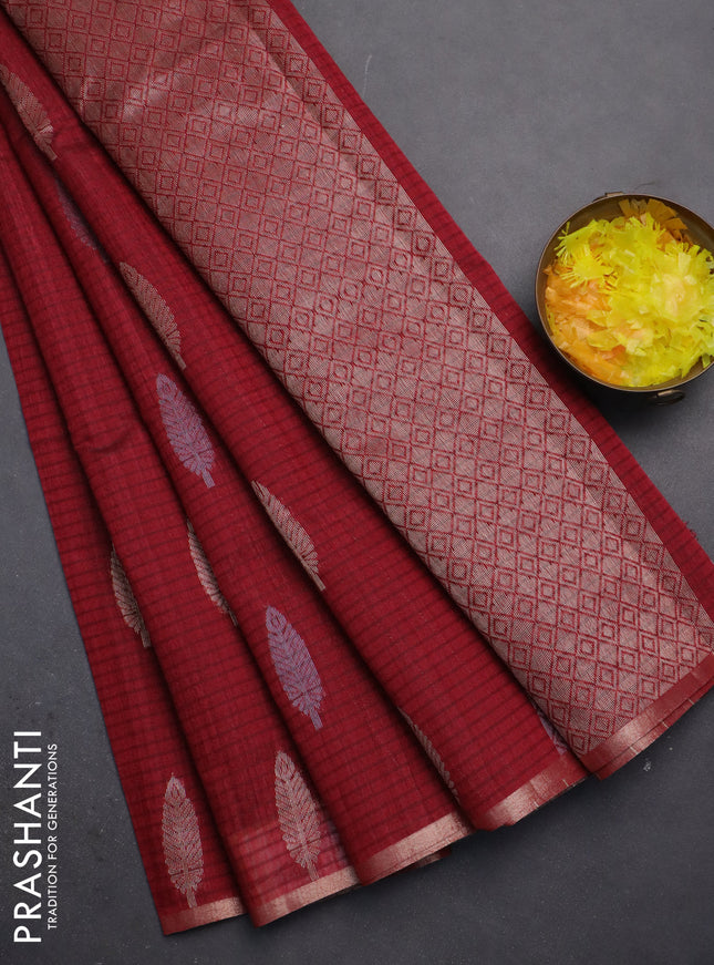 Banarasi semi matka saree maroon with silver & gold zari woven buttas and zari woven piping border