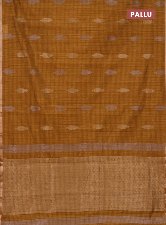 Banarasi semi matka saree dark mustard with silver & gold zari woven buttas and zari woven piping border